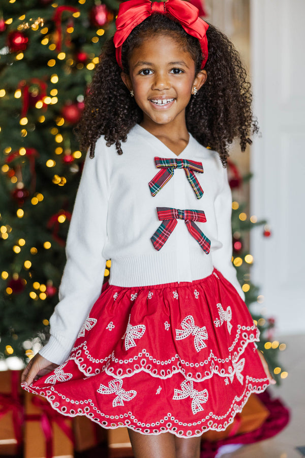 Girls: The Harlow Cream Red Plaid Bow Cardigan