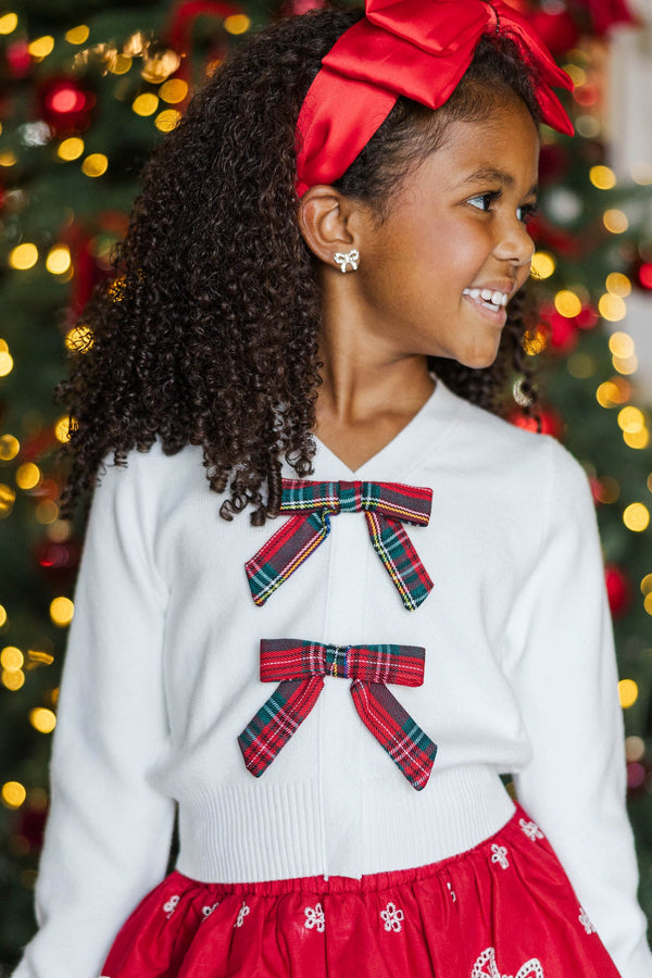 Girls: The Harlow Cream Red Plaid Bow Cardigan