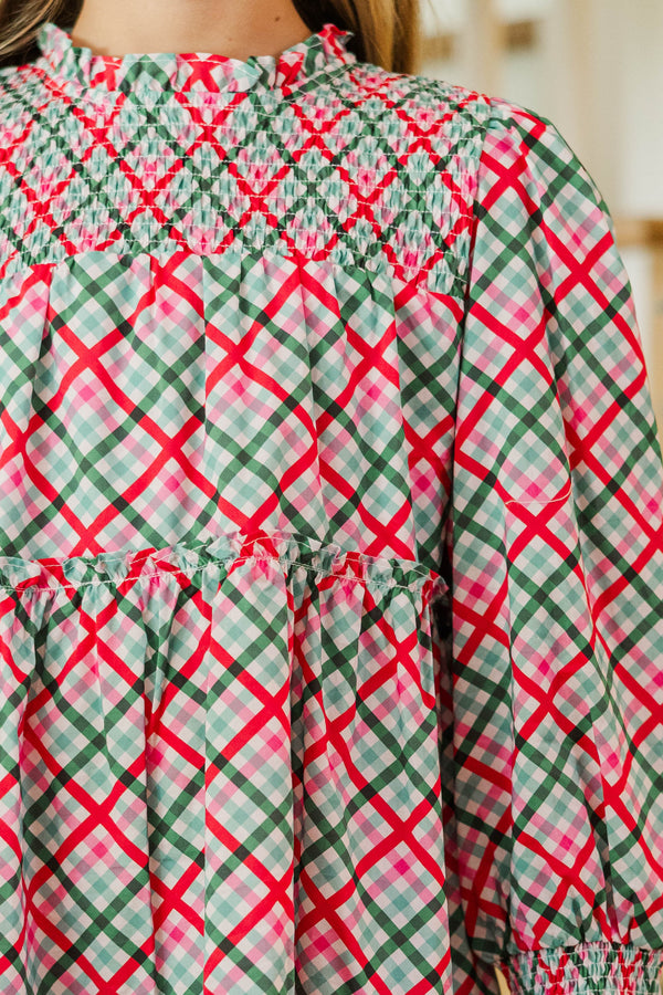 Girls: All About It Red and Emerald Plaid Babydoll Dress