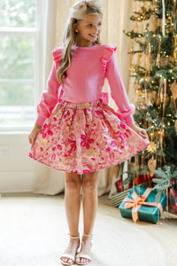 Girls: She Just Glows Fuchsia Brocade Jacquard Skort