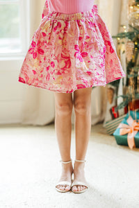 Girls: She Just Glows Fuchsia Brocade Jacquard Skort