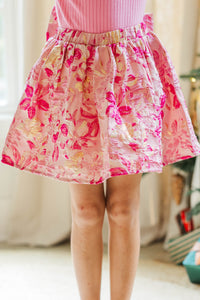 Girls: She Just Glows Fuchsia Brocade Jacquard Skort