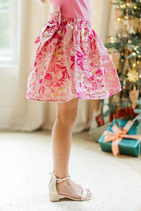 Girls: She Just Glows Fuchsia Brocade Jacquard Skort