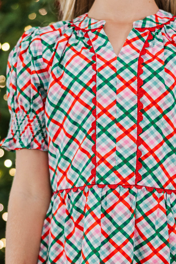 Girls: At The Time Emerald Plaid Dress