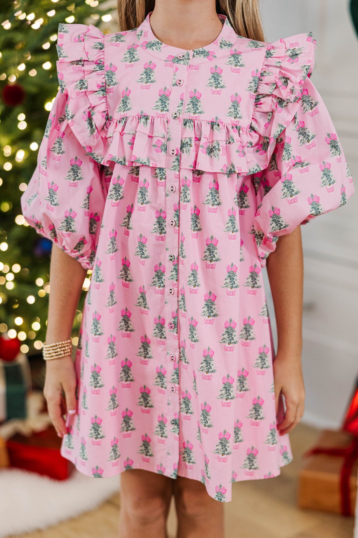 Girls: The Emelia Light Pink Christmas Tree Novelty Dress, (7/8) - The Mint Julep Boutique