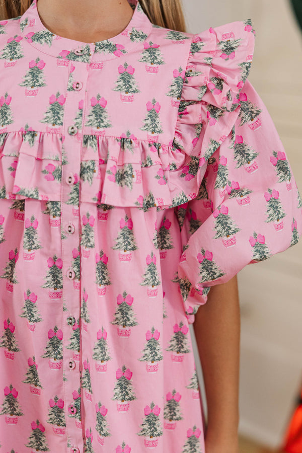Girls: The Emelia Light Pink Christmas Tree Novelty Dress