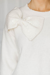 Sweet As Ever Cream Sequin Bow Sweater