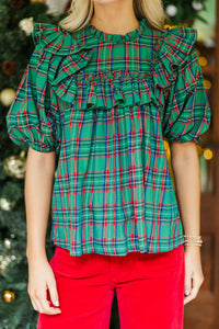 Say Less Emerald Plaid Ruffled Blouse
