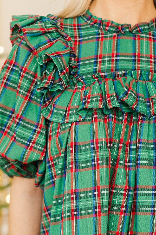 Say Less Emerald Plaid Ruffled Blouse