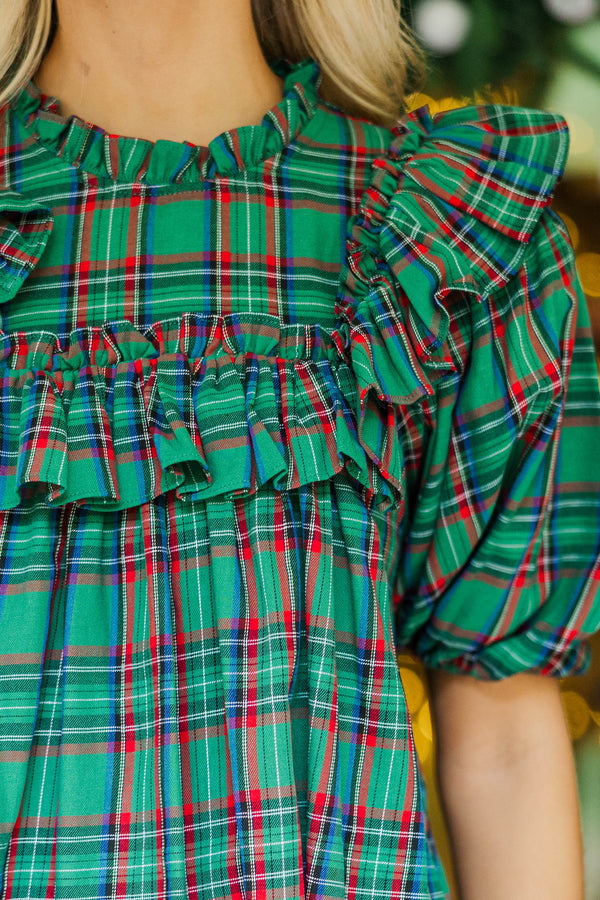 Say Less Emerald Plaid Ruffled Blouse
