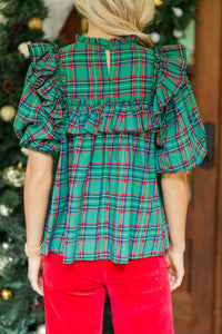 Say Less Emerald Plaid Ruffled Blouse