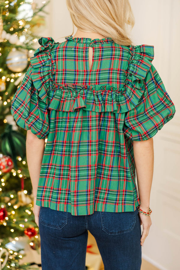 Say Less Emerald Plaid Ruffled Blouse
