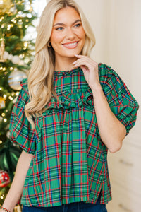 Say Less Emerald Plaid Ruffled Blouse