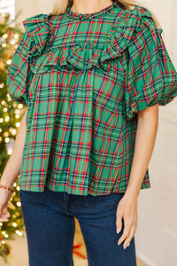 Say Less Emerald Plaid Ruffled Blouse