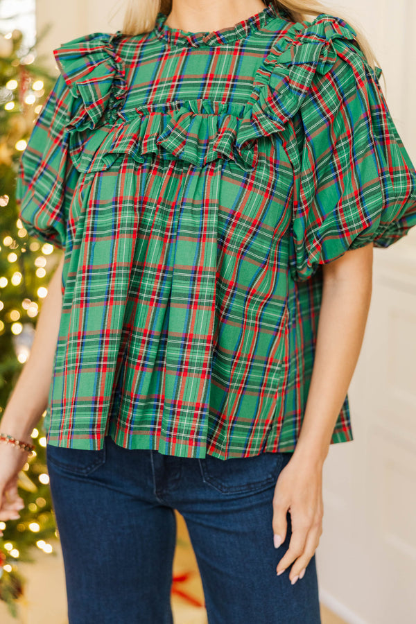 Say Less Emerald Plaid Ruffled Blouse