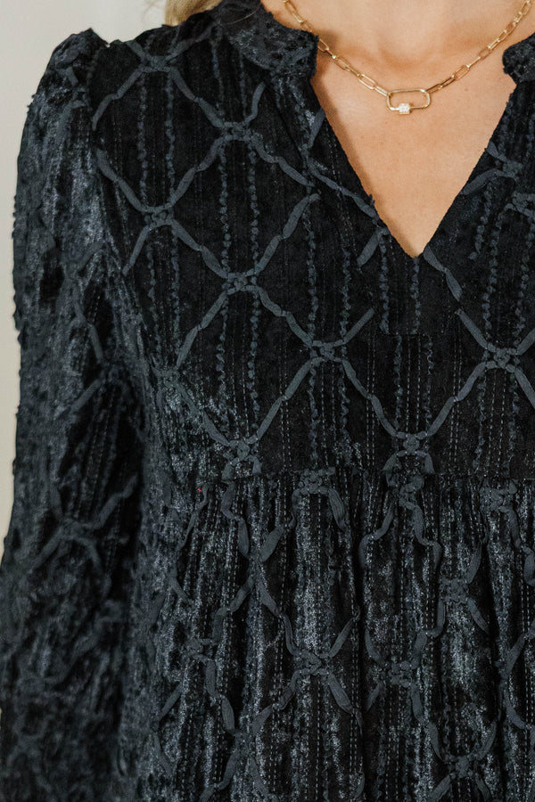 In Your Happy Place Black Velvet Textured Dress
