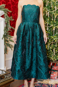 It Was All A Dream Emerald Green Brocade Strapless Midi Dress