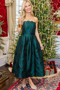 It Was All A Dream Emerald Green Brocade Strapless Midi Dress
