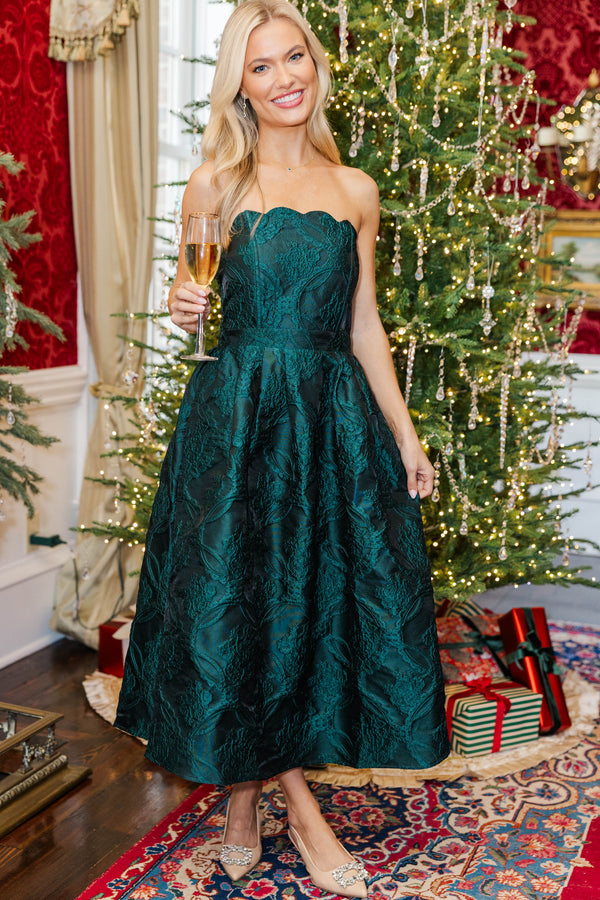It Was All A Dream Emerald Green Brocade Strapless Midi Dress