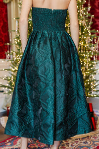 It Was All A Dream Emerald Green Brocade Strapless Midi Dress