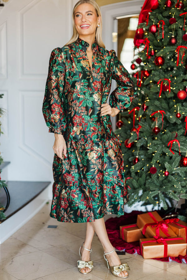 Always On My Mind Emerald Brocade Midi Dress
