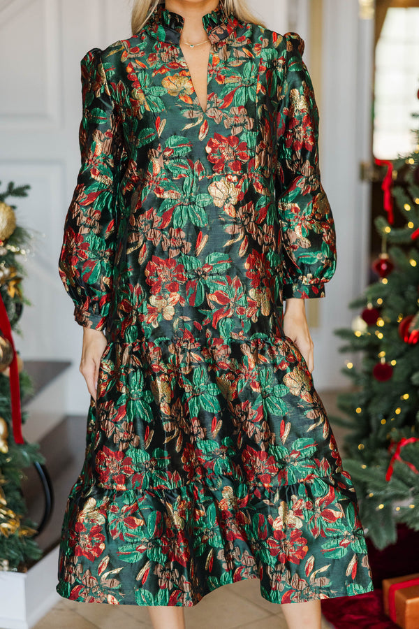 Always On My Mind Emerald Brocade Midi Dress