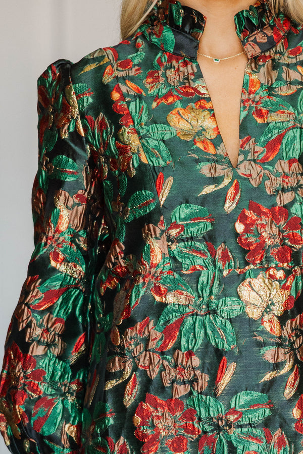 Always On My Mind Emerald Brocade Midi Dress