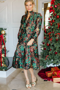 Always On My Mind Emerald Brocade Midi Dress