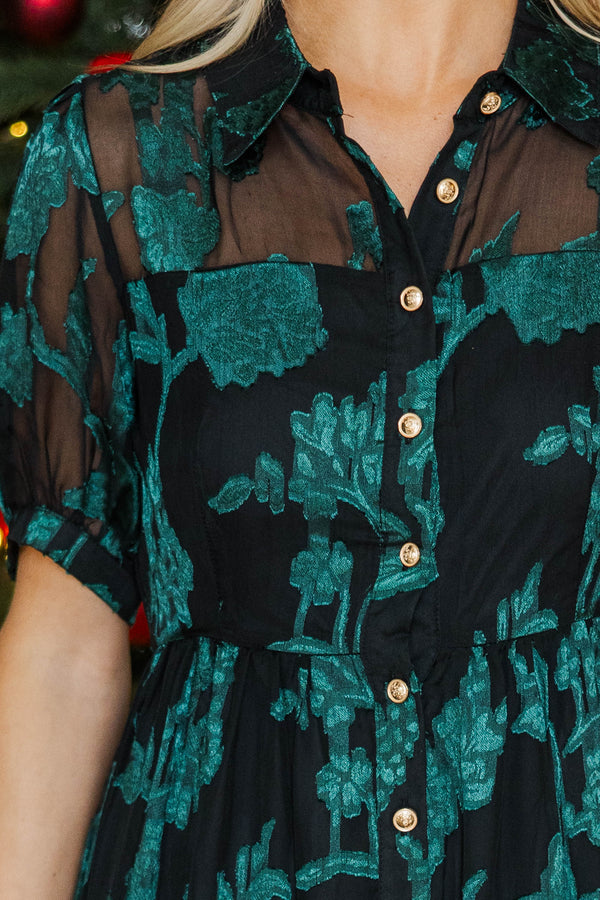 Waited All Year Emerald Embroidered Midi Dress