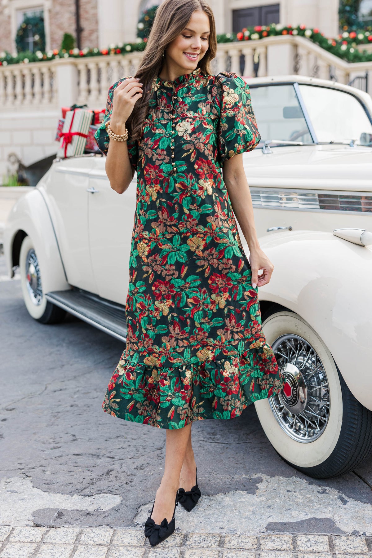 See The Light Emerald Floral Brocade Midi Dress – Shop the Mint
