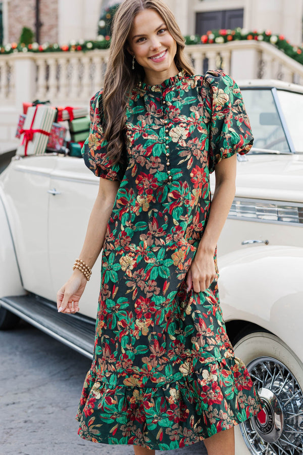 See The Light Emerald Floral Brocade Midi Dress