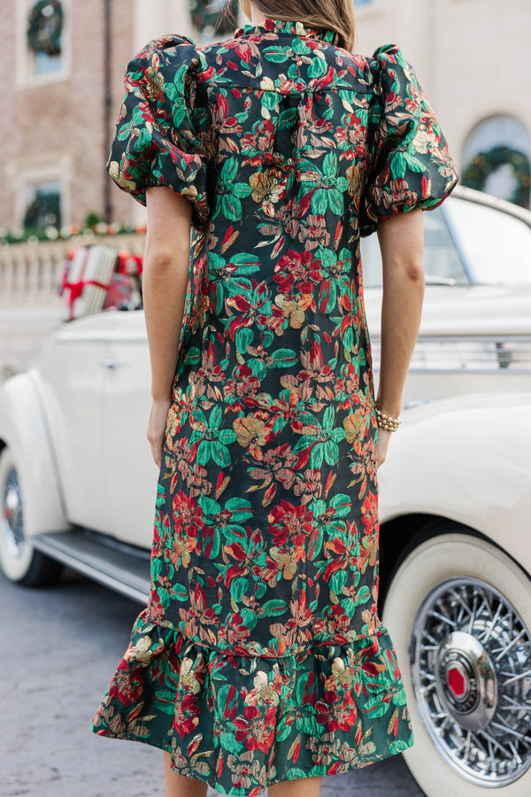 See The Light Emerald Floral Brocade Midi Dress