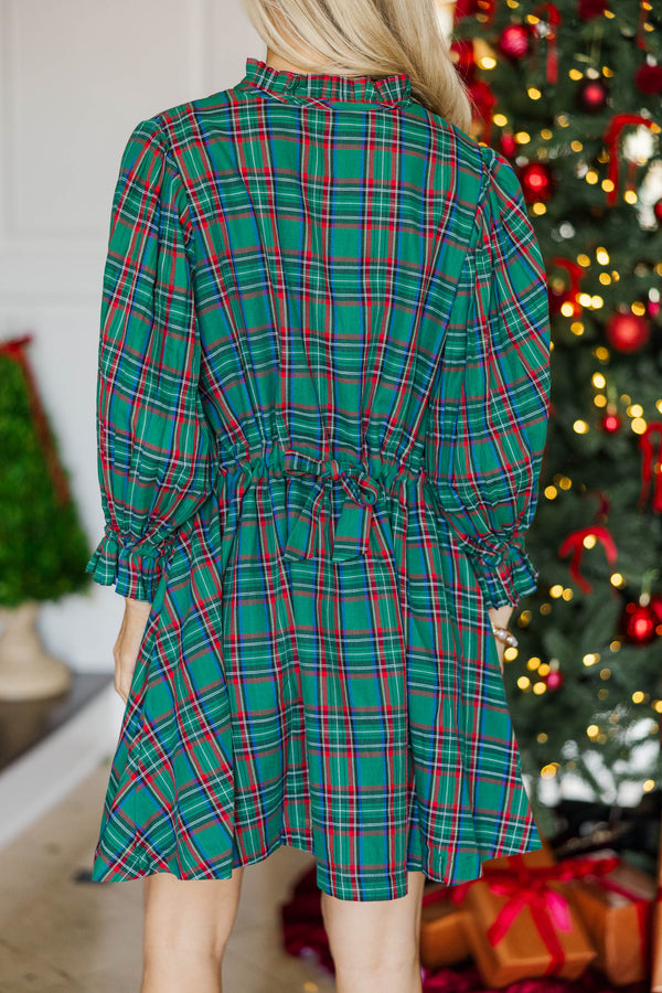 Under The Stars Green Plaid Tie Back Dress