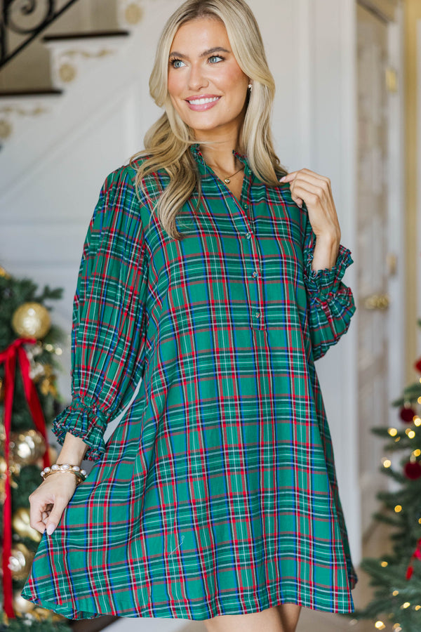 Under The Stars Green Plaid Tie Back Dress