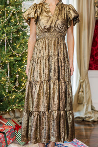 Coming Back For You Gold Metallic Tiered Midi Dress
