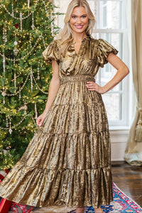 Coming Back For You Gold Metallic Tiered Midi Dress