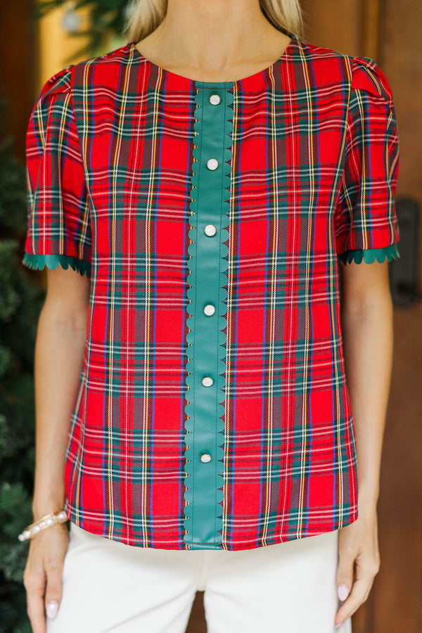 Around Town Red Plaid Puff Sleeve Top