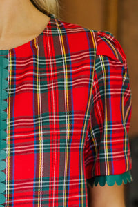 Around Town Red Plaid Puff Sleeve Top