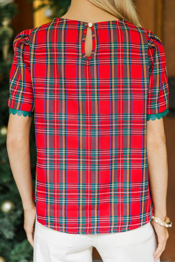 Around Town Red Plaid Puff Sleeve Top