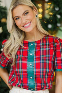 Around Town Red Plaid Puff Sleeve Top