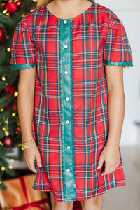 Girls: Winter Glow Red Plaid Puff Sleeve Dress