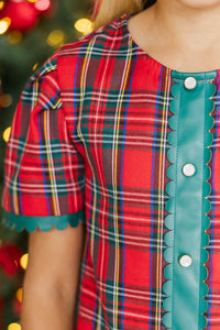 Girls: Winter Glow Red Plaid Puff Sleeve Dress