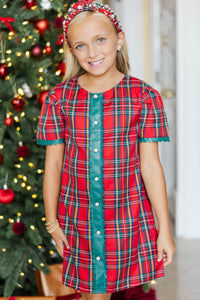 Girls: Winter Glow Red Plaid Puff Sleeve Dress