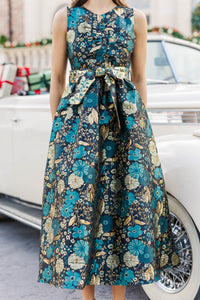 Truly Yours Teal Two Tone Brocade Midi Dress