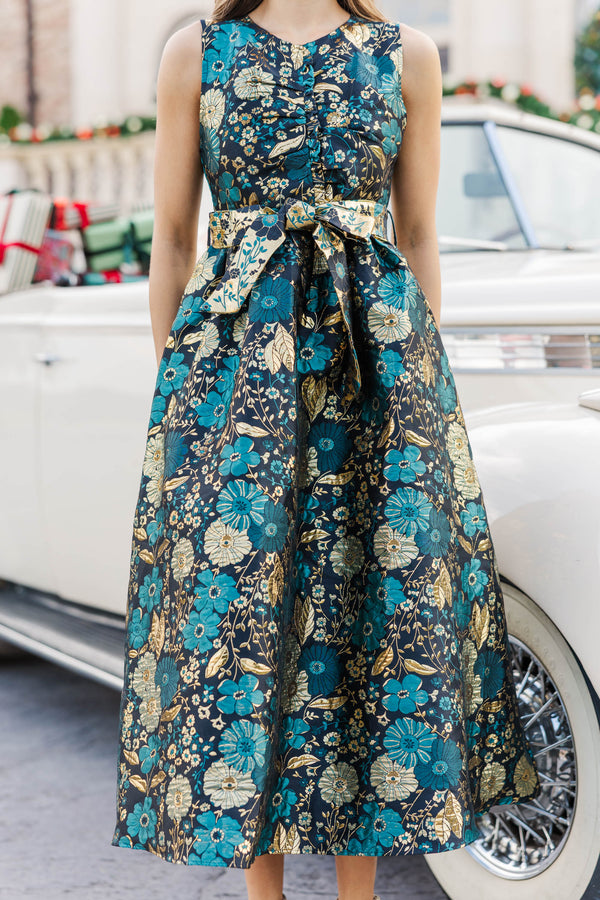 Truly Yours Teal Two Tone Brocade Midi Dress