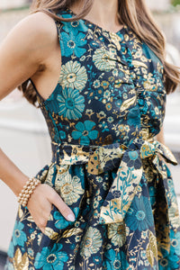 Truly Yours Teal Two Tone Brocade Midi Dress