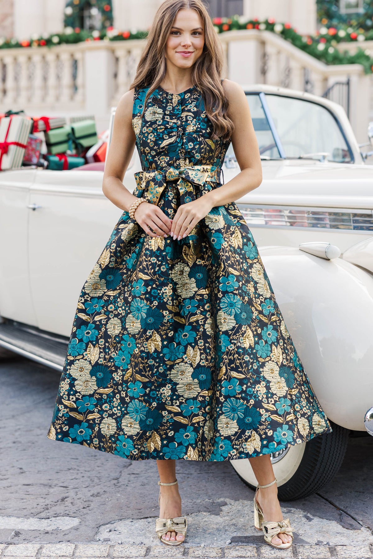 Truly Yours Teal Two Tone Brocade Midi Dress, Large - The Mint Julep Boutique