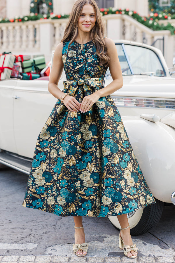 Truly Yours Teal Two Tone Brocade Midi Dress