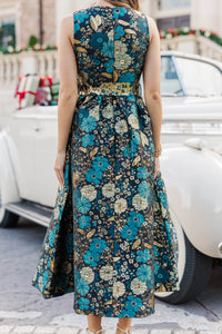 Truly Yours Teal Two Tone Brocade Midi Dress