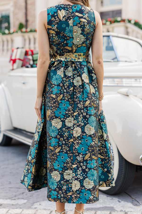 Truly Yours Teal Two Tone Brocade Midi Dress